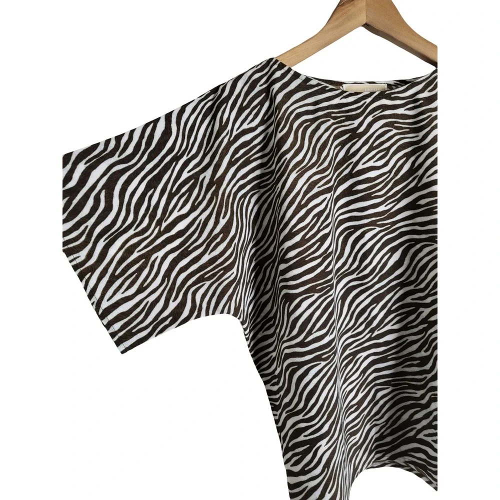 Michael Michael Kors Zebra Print Side Tie Blouse Brown White M Relaxed Luxury